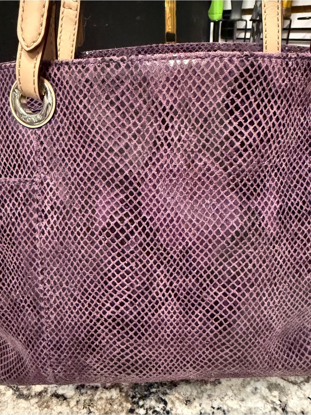 Michael Kors Purple leather python embossed Tote with Tan Leather Handles - Picture 2 of 8